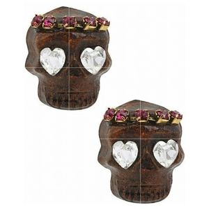 Betsey Johnson St. Barts Crystal Wooden Skull Stud Earrings